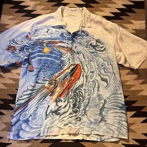 TOMMY BAHAMA MENS ISLAND RACER HAWAIIAN ALOHA SILK CAMP ALOHA SHIRT L RARE EUC